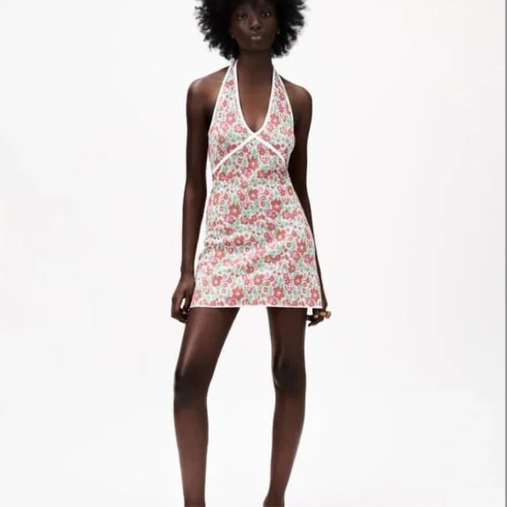 Zara -  retro floral jacquard stretch knit mini halter dress